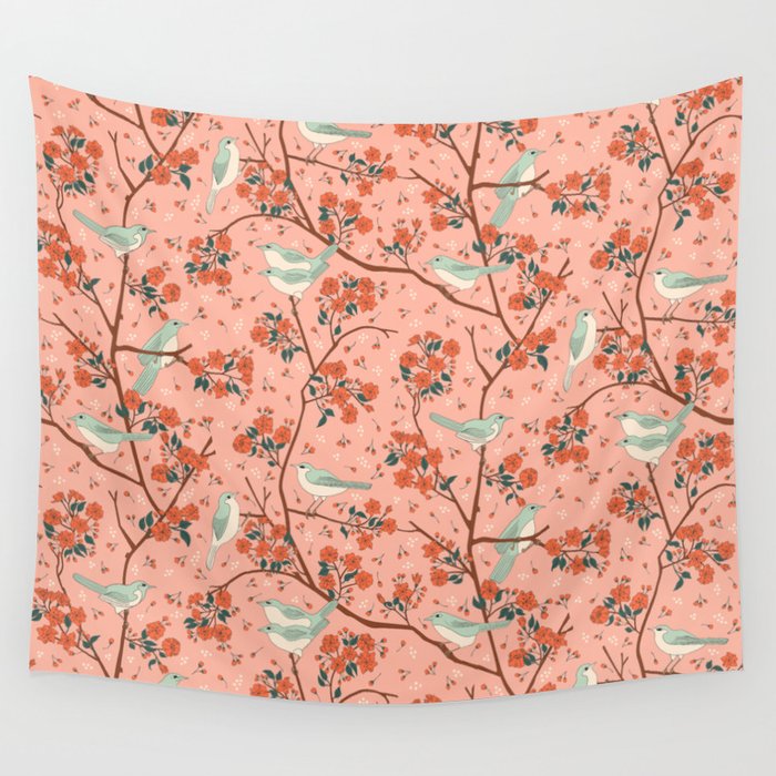 Birds In Cherry Blossom Trees Wall Tapestry Gallery Image 1