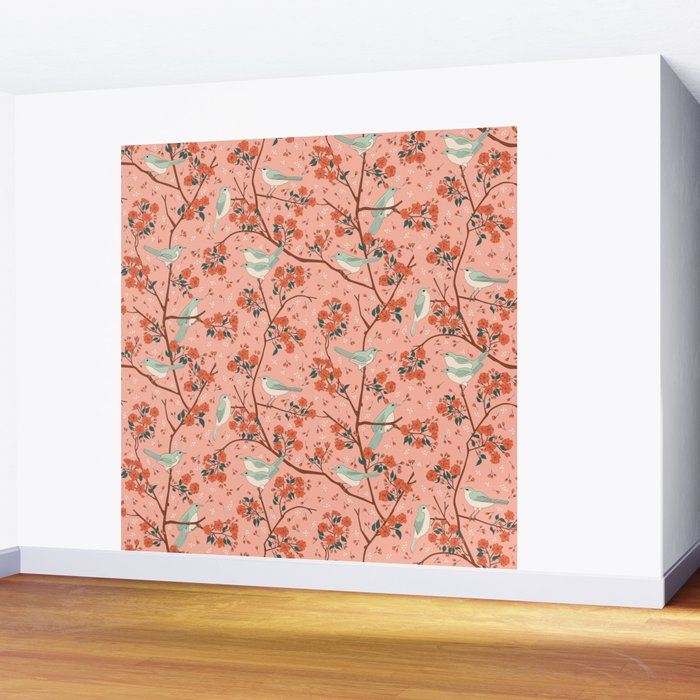 Birds In Cherry Blossom Trees Wall Mural Gallery Image 2