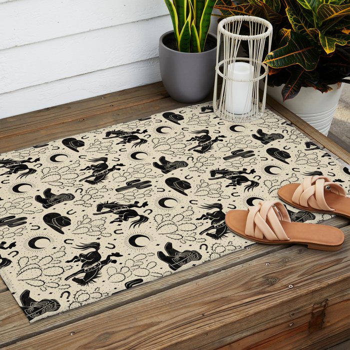 Cowboys and Cacti - cream and black Outdoor Rug Gallery Image 2