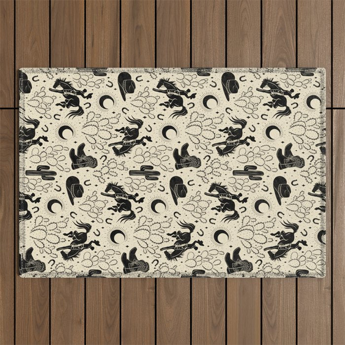 Cowboys and Cacti - cream and black Outdoor Rug Gallery Image 1