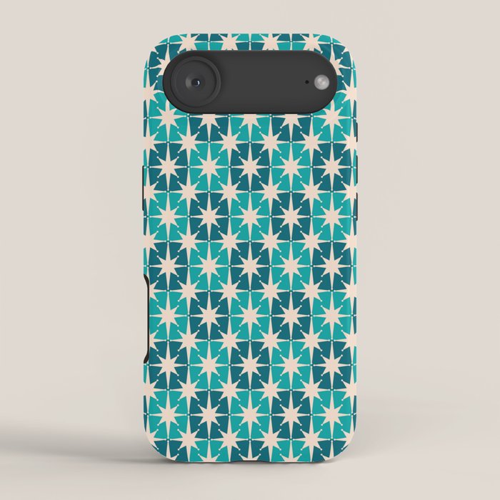 Mid Century Modern Atomic Stars Retro Checkered Starburst Pattern in Teal Blue and Cream iPhone Case Gallery Image 2