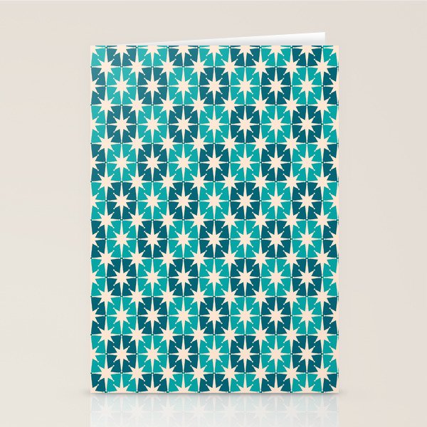 Mid Century Modern Atomic Stars Retro Checkered Starburst Pattern in Teal Blue and Cream Stationery Card Gallery Image 2