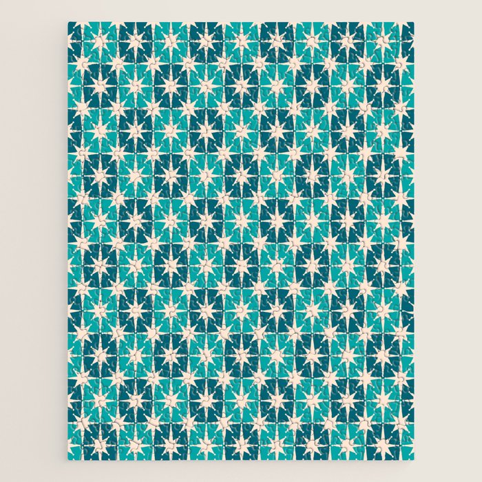 Mid Century Modern Atomic Stars Retro Checkered Starburst Pattern in Teal Blue and Cream Jigsaw Puzzle Gallery Image 1
