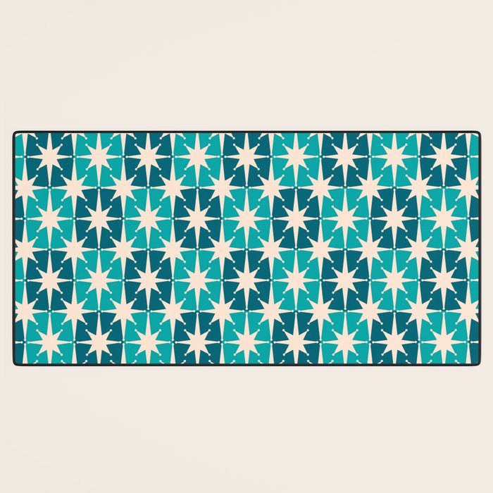 Mid Century Modern Atomic Stars Retro Checkered Starburst Pattern in Teal Blue and Cream Desk Mat Gallery Image 3
