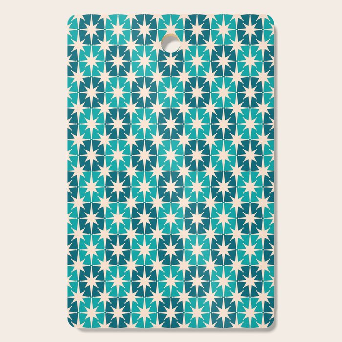 Mid Century Modern Atomic Stars Retro Checkered Starburst Pattern in Teal Blue and Cream Cutting Board Gallery Image 1