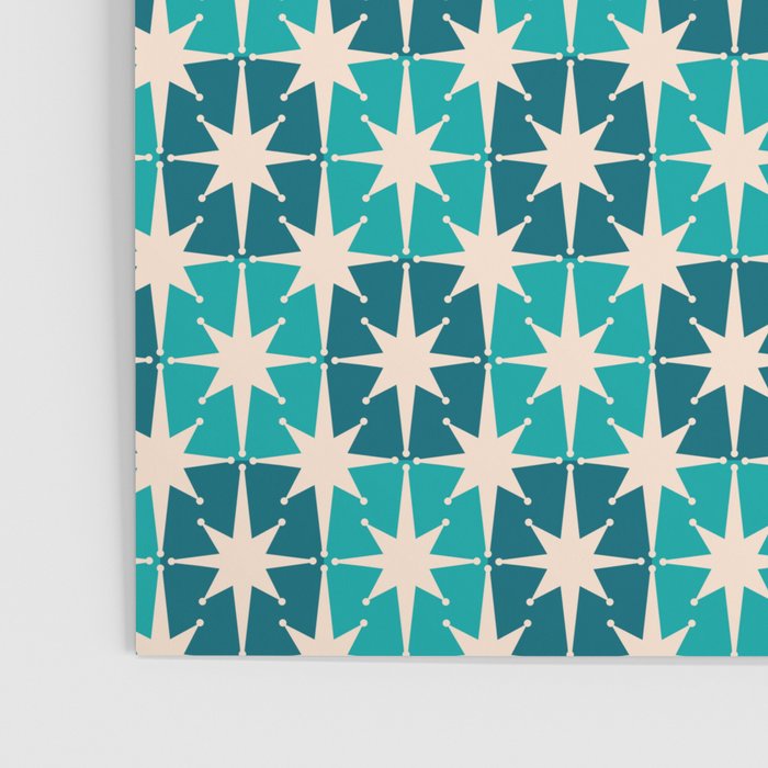 Mid Century Modern Atomic Stars Retro Checkered Starburst Pattern in Teal Blue and Cream Poster Gallery Image 3