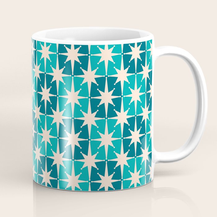 Mid Century Modern Atomic Stars Retro Checkered Starburst Pattern in Teal Blue and Cream Coffee Mug Gallery Image 1