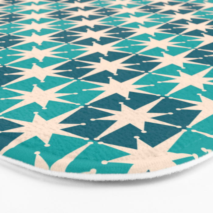 Mid Century Modern Atomic Stars Retro Checkered Starburst Pattern in Teal Blue and Cream Bath Mat Gallery Image 3