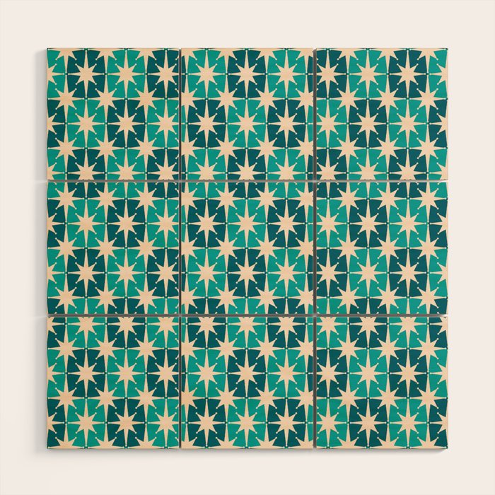Mid Century Modern Atomic Stars Retro Checkered Starburst Pattern in Teal Blue and Cream Wood Wall Art Gallery Image 1