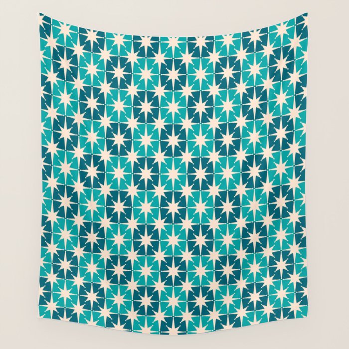 Mid Century Modern Atomic Stars Retro Checkered Starburst Pattern in Teal Blue and Cream Wall Tapestry Gallery Image 1