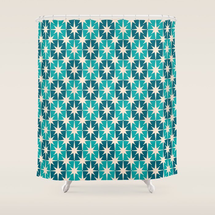 Mid Century Modern Atomic Stars Retro Checkered Starburst Pattern in Teal Blue and Cream Shower Curtain Gallery Image 1