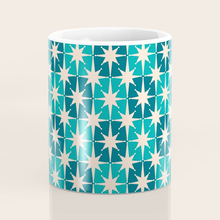 Mid Century Modern Atomic Stars Retro Checkered Starburst Pattern in Teal Blue and Cream Coffee Mug Gallery Image 4