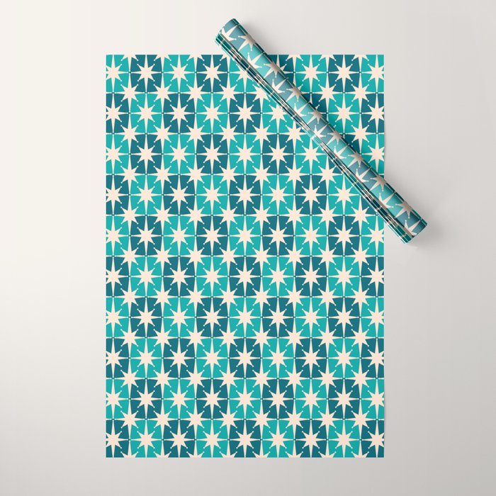 Mid Century Modern Atomic Stars Retro Checkered Starburst Pattern in Teal Blue and Cream Wrapping Paper Gallery Image 1