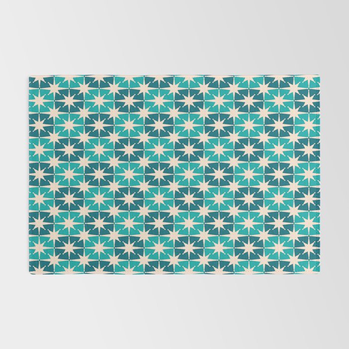 Mid Century Modern Atomic Stars Retro Checkered Starburst Pattern in Teal Blue and Cream Rug Gallery Image 2
