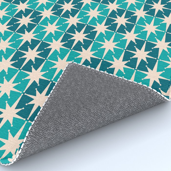 Mid Century Modern Atomic Stars Retro Checkered Starburst Pattern in Teal Blue and Cream Rug Gallery Image 4