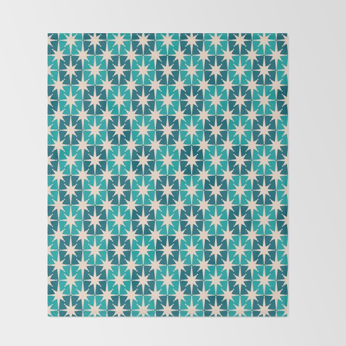 Mid Century Modern Atomic Stars Retro Checkered Starburst Pattern in Teal Blue and Cream Throw Blanket Gallery Image 2