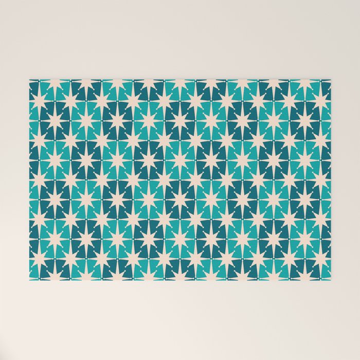 Mid Century Modern Atomic Stars Retro Checkered Starburst Pattern in Teal Blue and Cream Welcome Mat Gallery Image 1