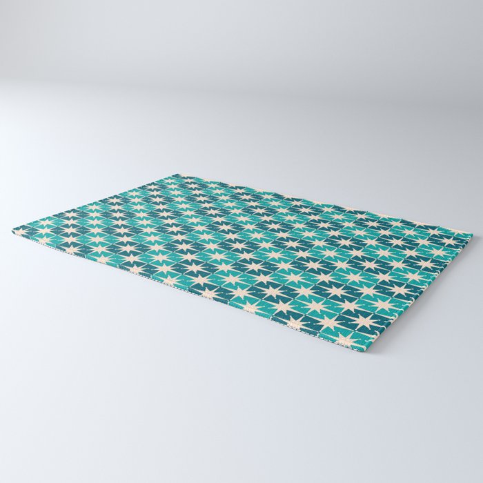 Mid Century Modern Atomic Stars Retro Checkered Starburst Pattern in Teal Blue and Cream Rug Gallery Image 3