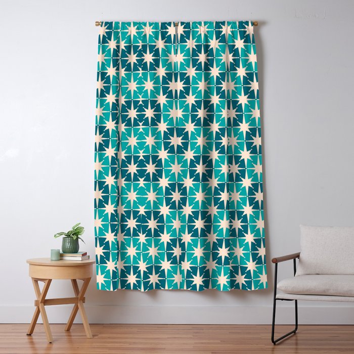 Mid Century Modern Atomic Stars Retro Checkered Starburst Pattern in Teal Blue and Cream Window Curtain Gallery Image 1