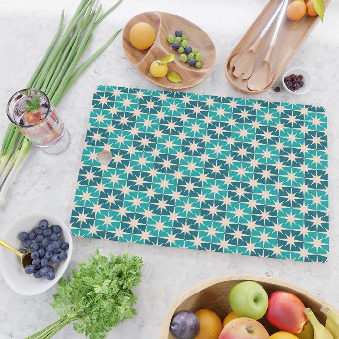 Mid Century Modern Atomic Stars Retro Checkered Starburst Pattern in Teal Blue and Cream Cutting Board Gallery Image 2