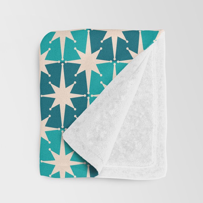 Mid Century Modern Atomic Stars Retro Checkered Starburst Pattern in Teal Blue and Cream Throw Blanket Gallery Image 3
