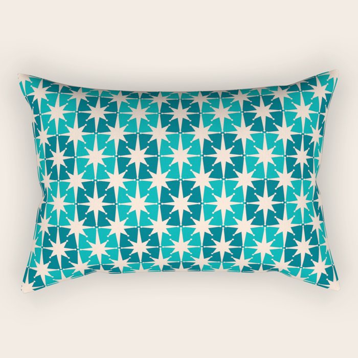 Mid Century Modern Atomic Stars Retro Checkered Starburst Pattern in Teal Blue and Cream Rectangular Pillow Gallery Image 1