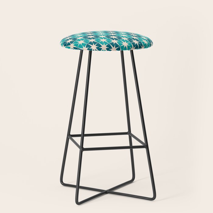 Mid Century Modern Atomic Stars Retro Checkered Starburst Pattern in Teal Blue and Cream Stool Gallery Image 1