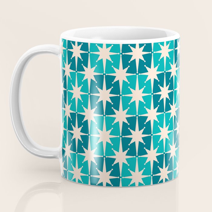 Mid Century Modern Atomic Stars Retro Checkered Starburst Pattern in Teal Blue and Cream Coffee Mug Gallery Image 3