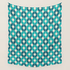 Mid Century Modern Atomic Stars Retro Checkered Starburst Pattern in Teal Blue and Cream Wall Tapestry Gallery Image 4