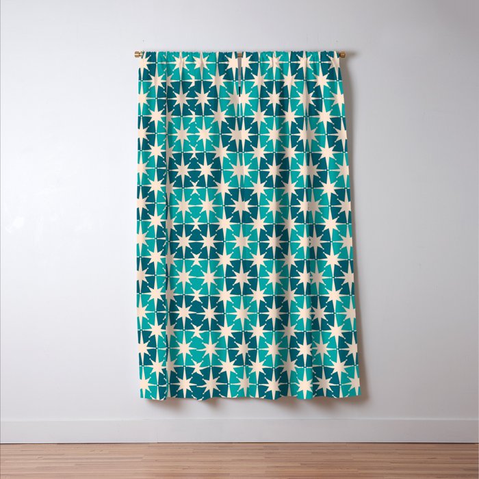 Mid Century Modern Atomic Stars Retro Checkered Starburst Pattern in Teal Blue and Cream Window Curtain Gallery Image 3