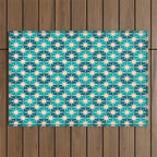 Mid Century Modern Atomic Stars Retro Checkered Starburst Pattern in Teal Blue and Cream Outdoor Rug Gallery Image 1