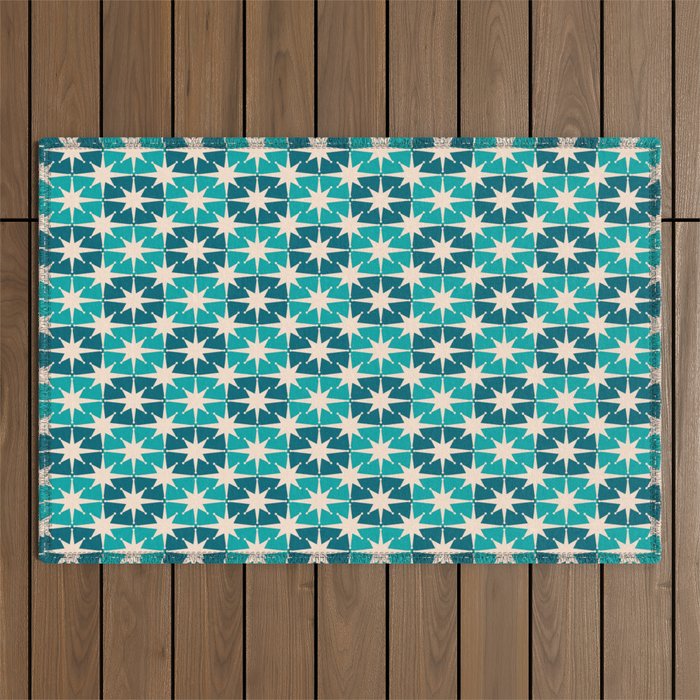 Mid Century Modern Atomic Stars Retro Checkered Starburst Pattern in Teal Blue and Cream Outdoor Rug Gallery Image 1