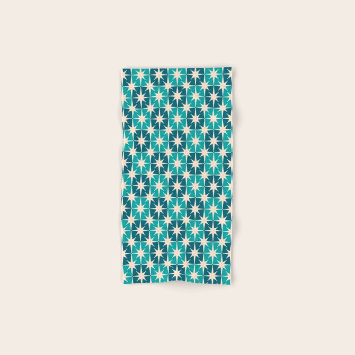Mid Century Modern Atomic Stars Retro Checkered Starburst Pattern in Teal Blue and Cream Bath Towel Gallery Image 1