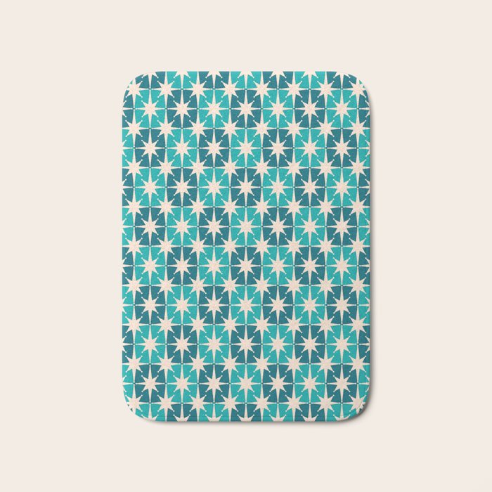 Mid Century Modern Atomic Stars Retro Checkered Starburst Pattern in Teal Blue and Cream Bath Mat Gallery Image 1