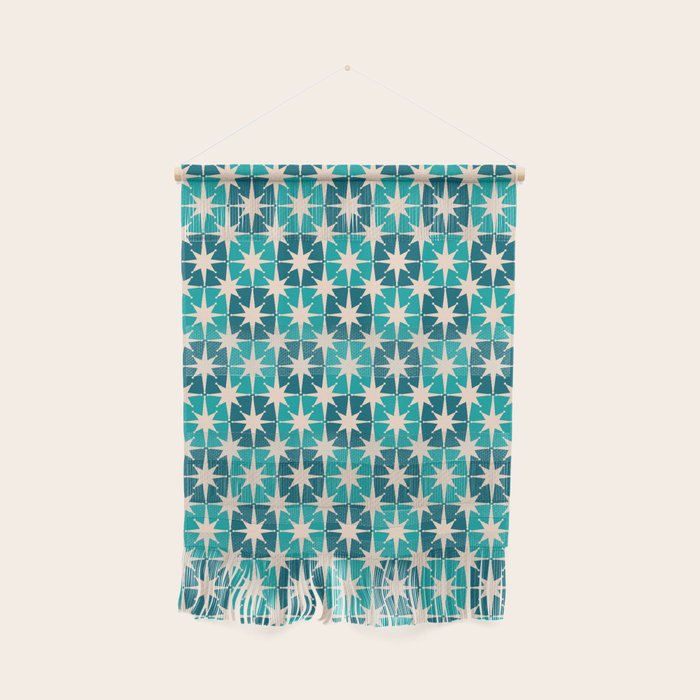 Mid Century Modern Atomic Stars Retro Checkered Starburst Pattern in Teal Blue and Cream Wall Hanging Gallery Image 1