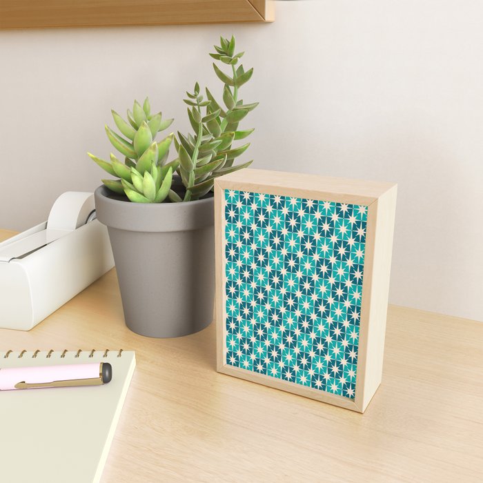 Mid Century Modern Atomic Stars Retro Checkered Starburst Pattern in Teal Blue and Cream Mini Art Print Gallery Image 2