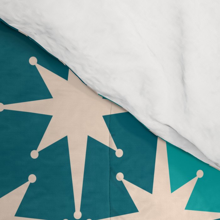 Mid Century Modern Atomic Stars Retro Checkered Starburst Pattern in Teal Blue and Cream Comforter Gallery Image 4