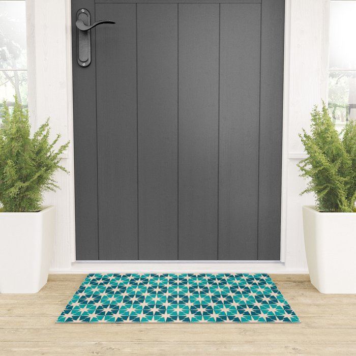 Mid Century Modern Atomic Stars Retro Checkered Starburst Pattern in Teal Blue and Cream Welcome Mat Gallery Image 3