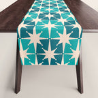 Mid Century Modern Atomic Stars Retro Checkered Starburst Pattern in Teal Blue and Cream Table Runner Gallery Image 1