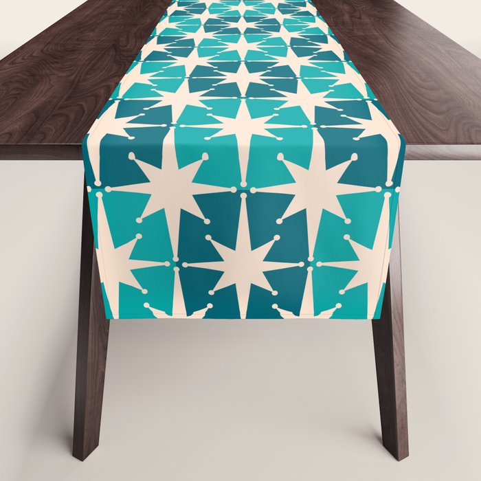 Mid Century Modern Atomic Stars Retro Checkered Starburst Pattern in Teal Blue and Cream Table Runner Gallery Image 1