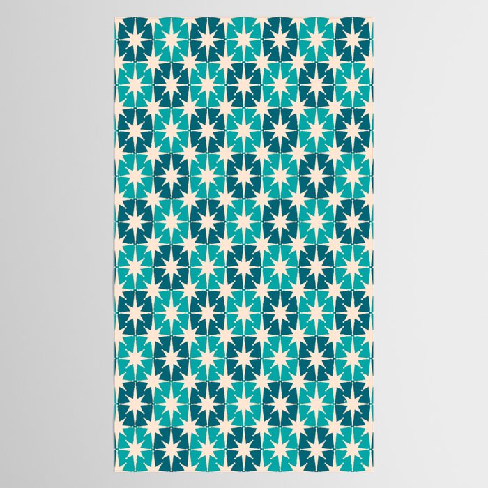 Mid Century Modern Atomic Stars Retro Checkered Starburst Pattern in Teal Blue and Cream Tablecloth Gallery Image 2