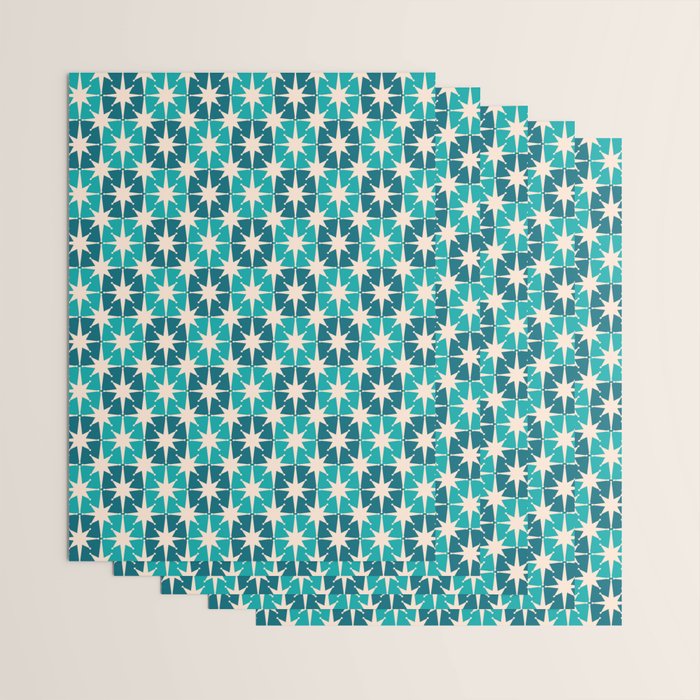Mid Century Modern Atomic Stars Retro Checkered Starburst Pattern in Teal Blue and Cream Wrapping Paper Gallery Image 3