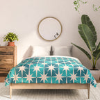 Mid Century Modern Atomic Stars Retro Checkered Starburst Pattern in Teal Blue and Cream Comforter Gallery Image 3