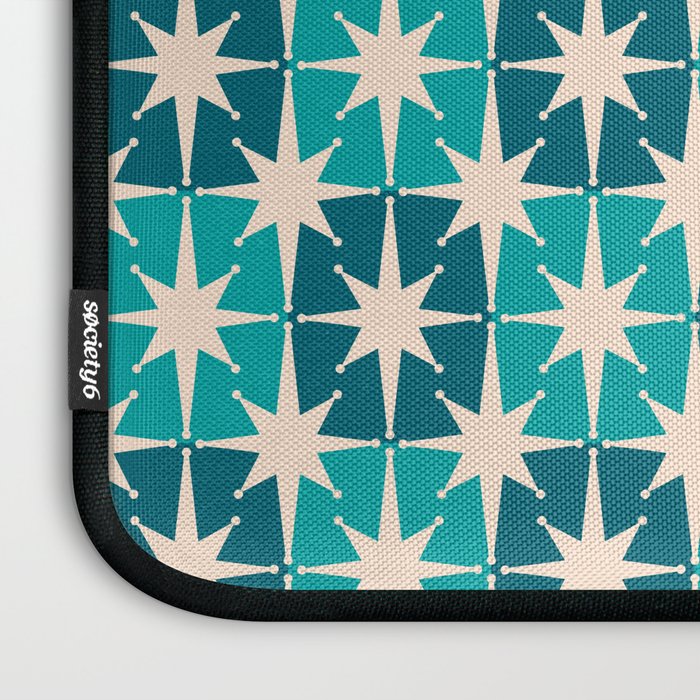 Mid Century Modern Atomic Stars Retro Checkered Starburst Pattern in Teal Blue and Cream Laptop Sleeve Gallery Image 3