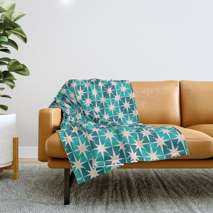 Mid Century Modern Atomic Stars Retro Checkered Starburst Pattern in Teal Blue and Cream Throw Blanket Gallery Image 1