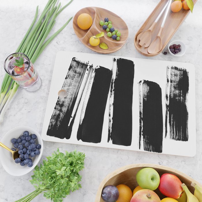 Stripes Black & White Minimalist Abstract Mid century Ink Art Dark Brush Strokes Cutting Board Gallery Image 2
