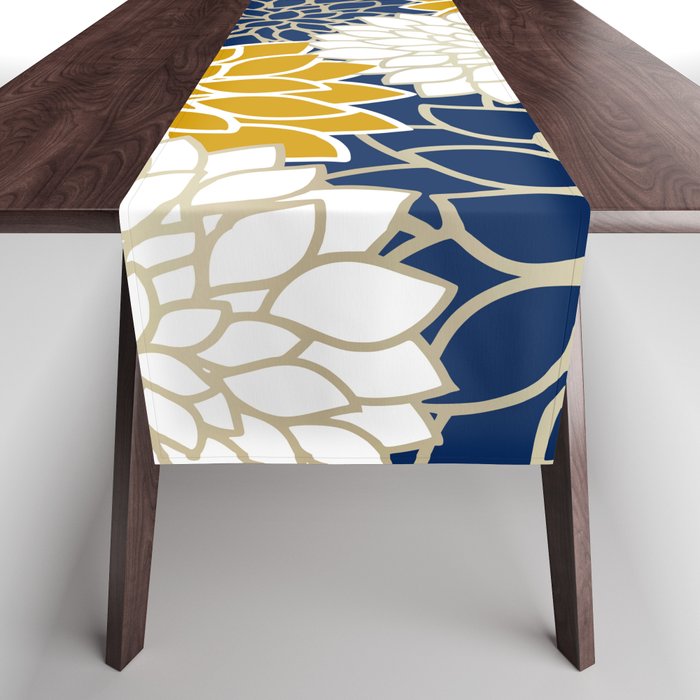 Dahlia Floral Blooms in Navy, Yellow, Gold and White Table Runner Gallery Image 1