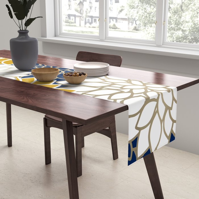 Dahlia Floral Blooms in Navy, Yellow, Gold and White Table Runner Gallery Image 2