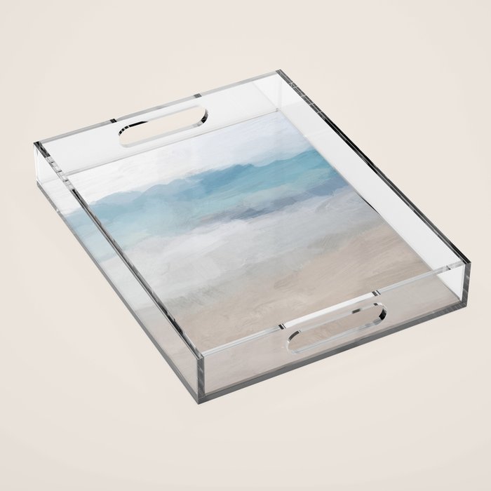 Beach Dream I - Light Aqua Blue Ocean Shore Waves Horizon Sandy Beige Abstract Ocean Painting Acrylic Tray Gallery Image 1