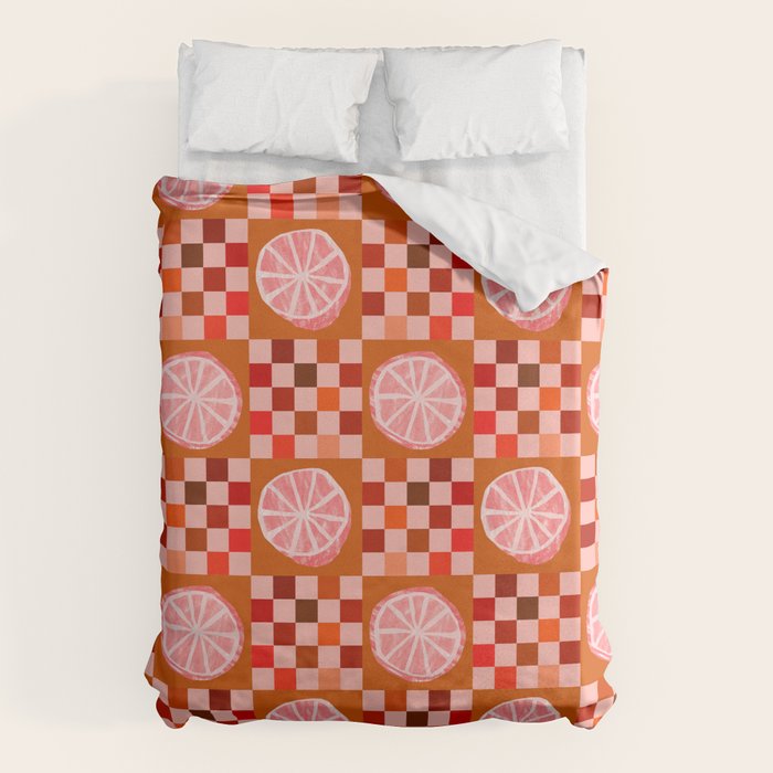 Checkered Sliced Citrus Fruit in Red & Peach Pink Duvet Cover Gallery Image 6